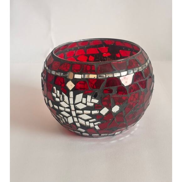 Red Glass Mosaic Christmas Holiday CandleHolder Centerpiece w/ Snowflake Accent - Picture 6 of 10